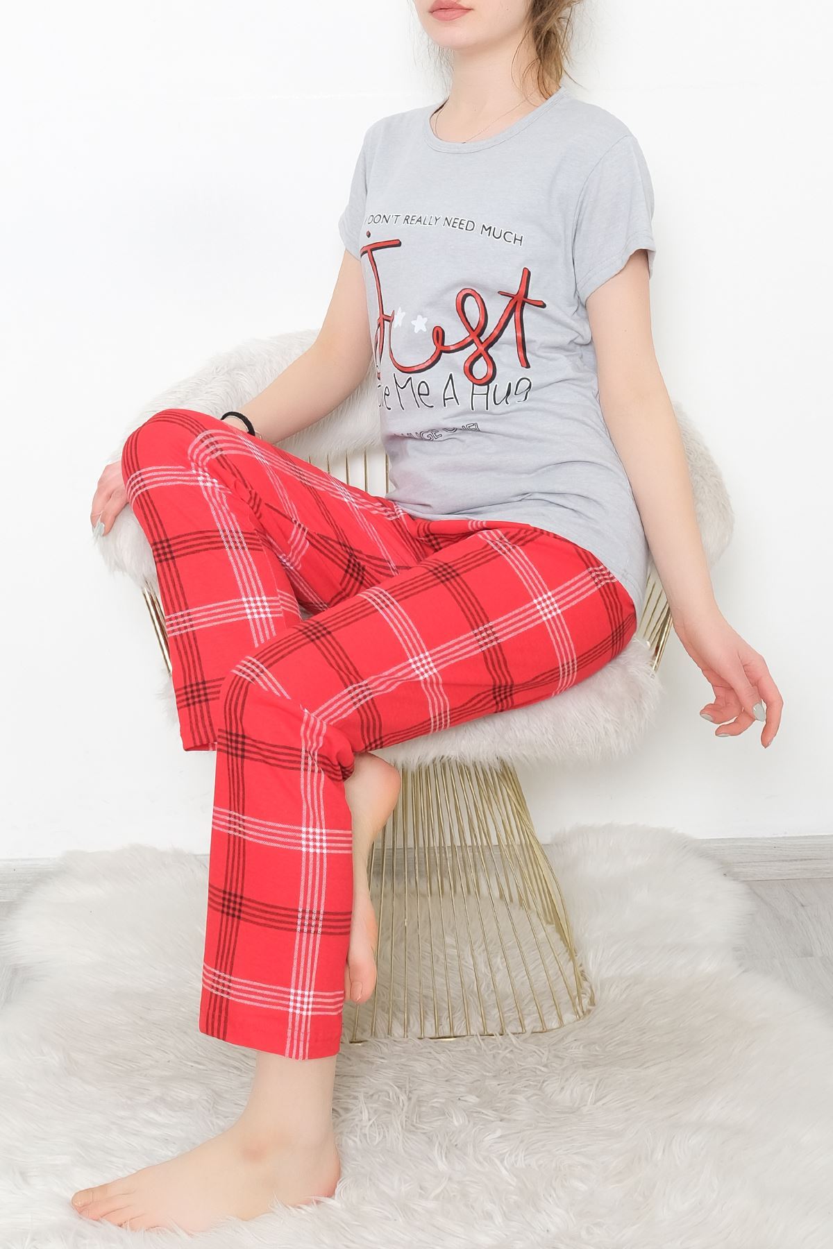 Desenli Pijama Takımı  Grikırmızı - 10798.1287.