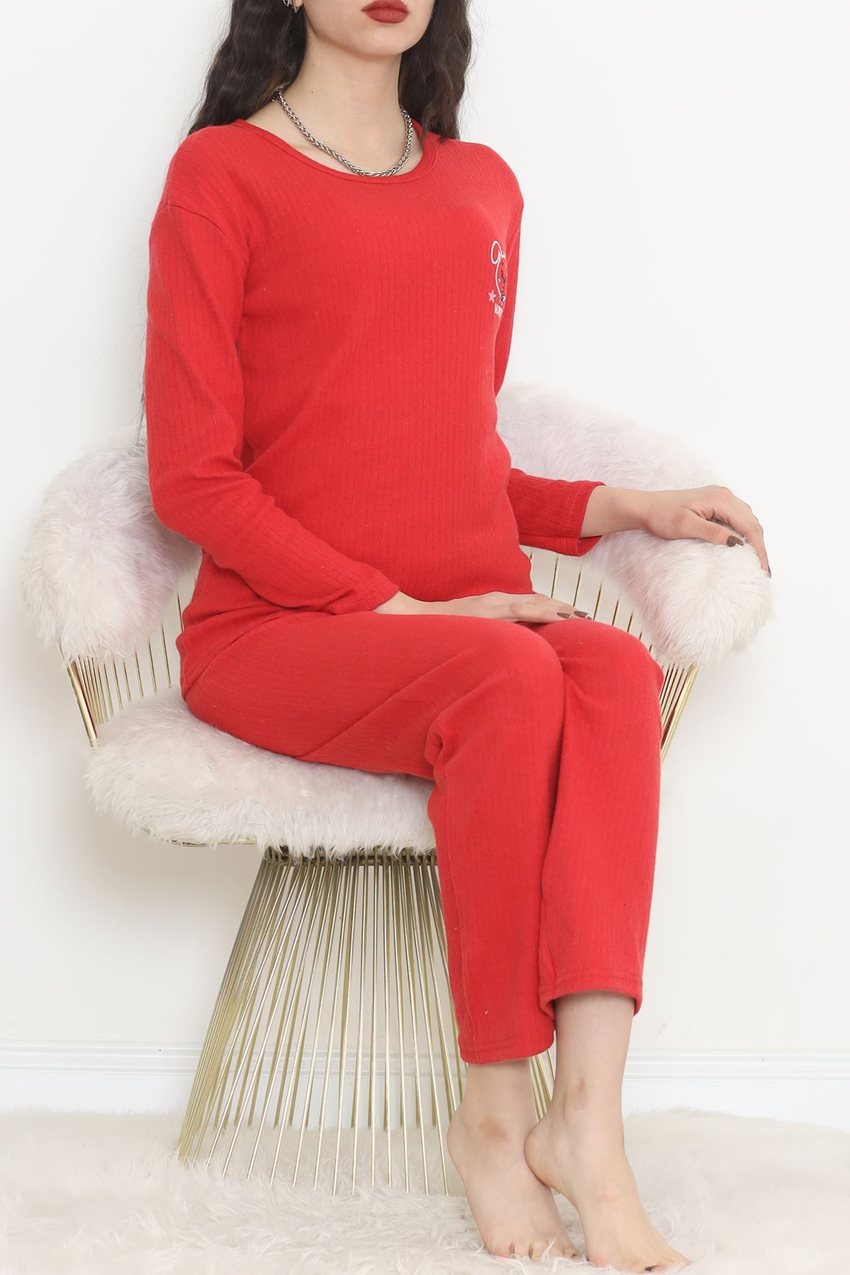 Nakışlı Fitilli Pijama Takımı Kırmızıbeyaz2 - 12519.1048.