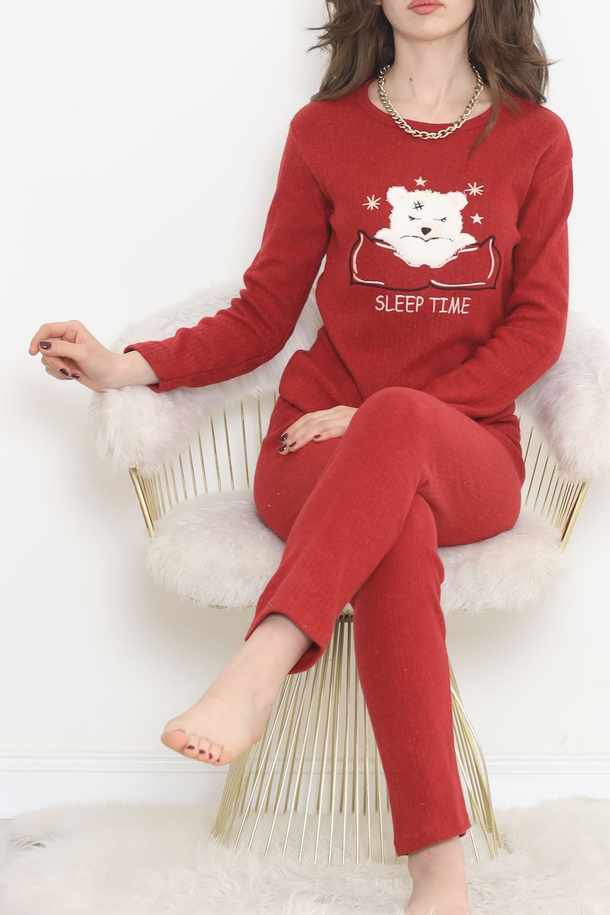 Nakışlı Fitilli Pijama Takımı Kırmızıbeyaz1 - 12519.1048.