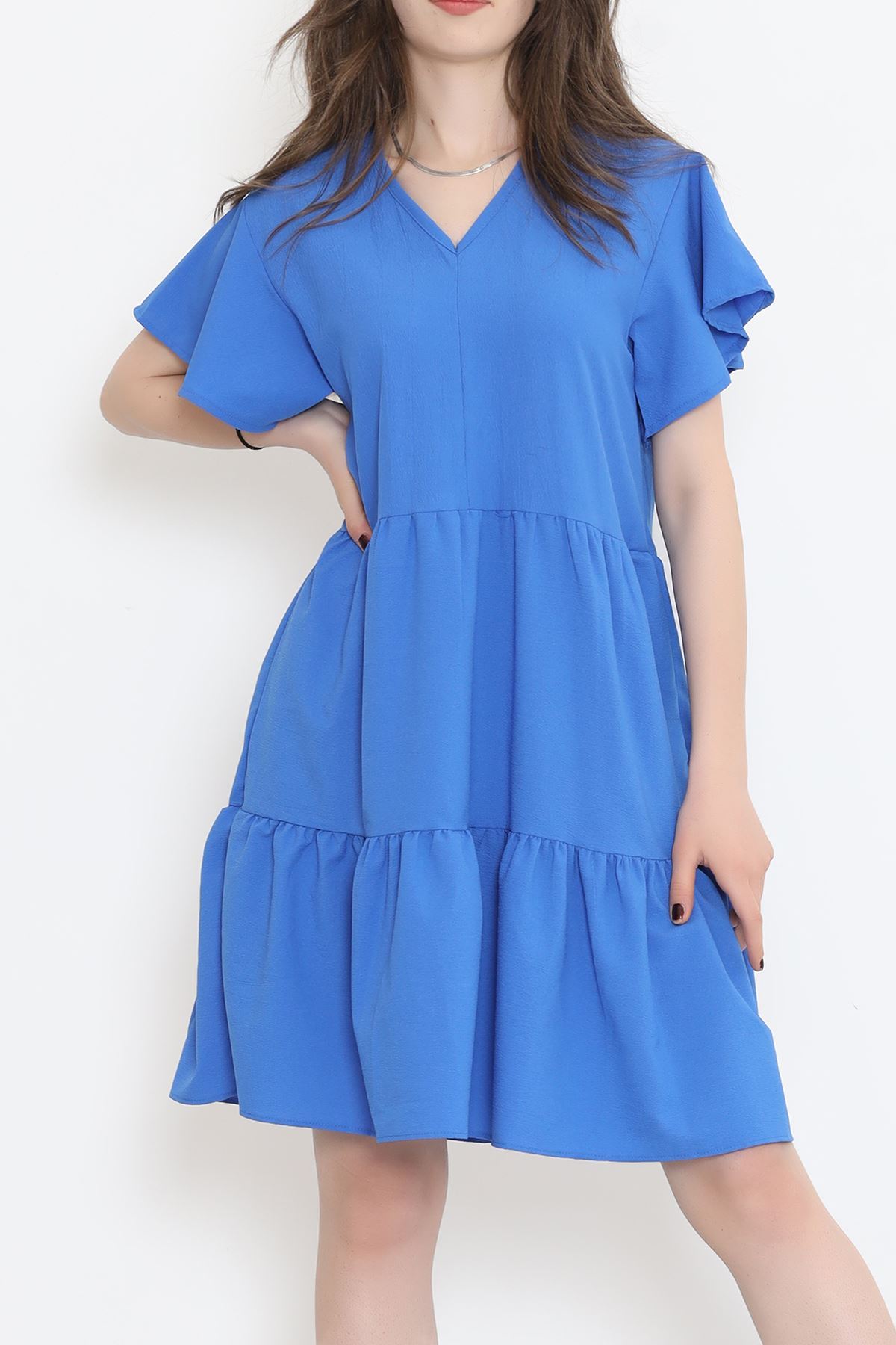 V Yaka Fırfırlı Elbise Mavi - 152412.701.