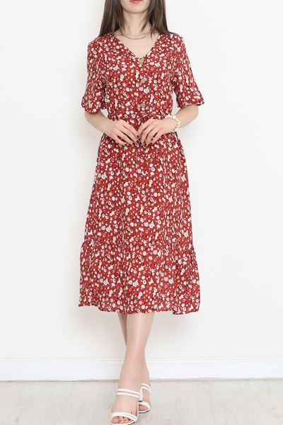 Bel Bağlamalı Desenli Elbise Kırmızıçiçekli - 152420.701.